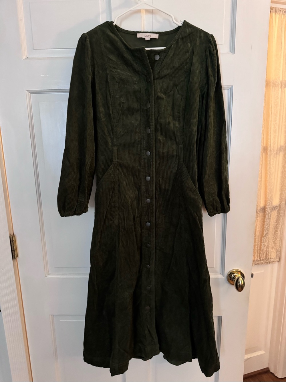 LOFT Dark Olive Green Corduroy Button-Front Long Sleeve Midi Dress